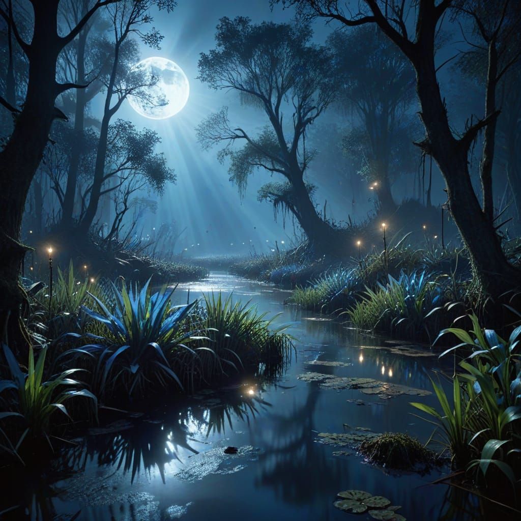 Mystical Blue Moonlight Illuminates a Swamp