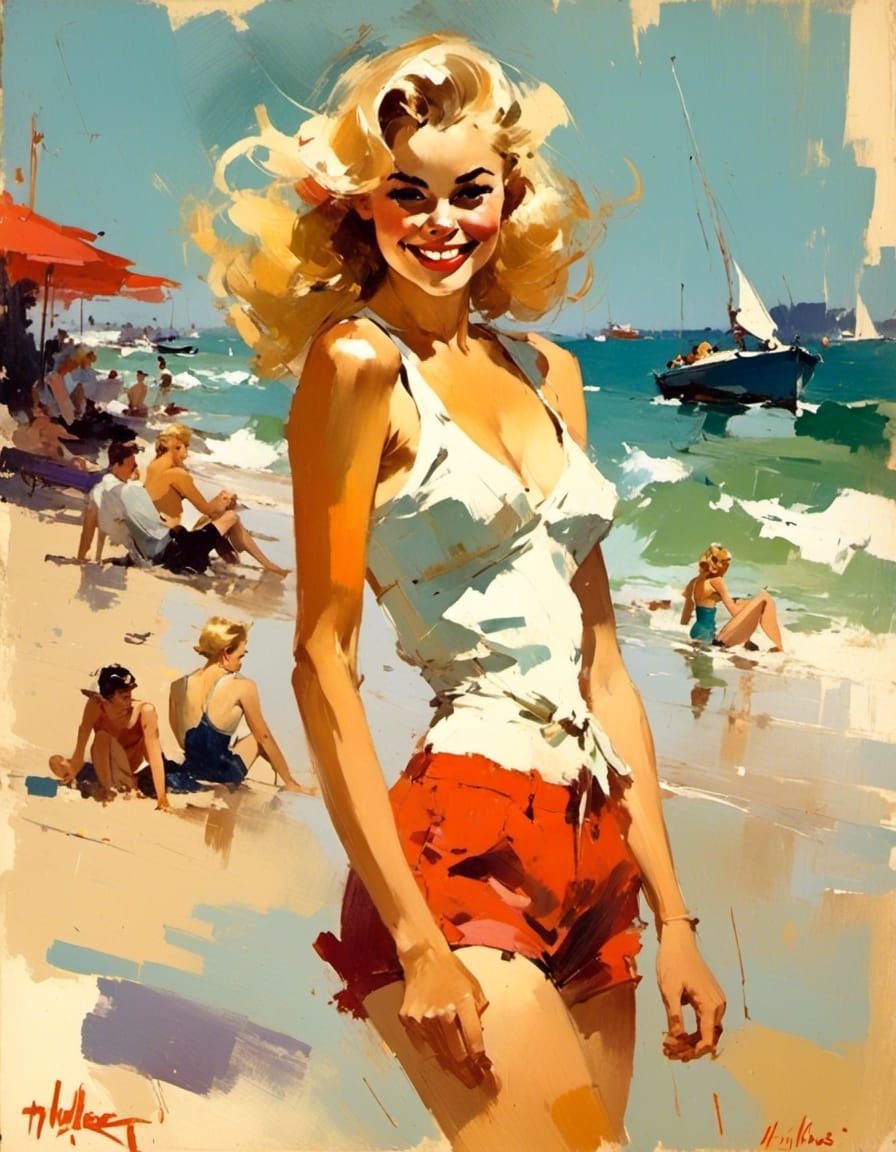 Classic Pin-Up Model Posing on Beach