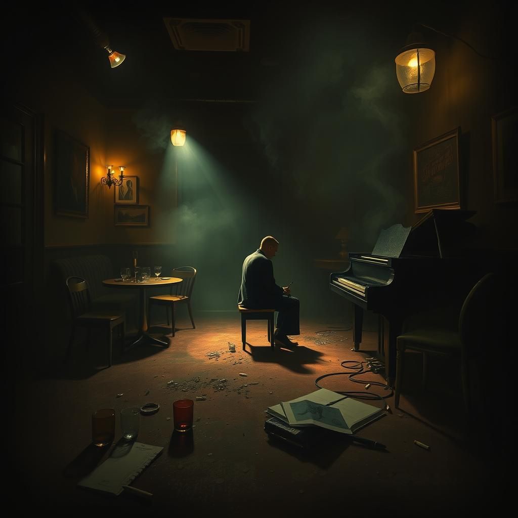 Melancholy Jazz Pianist in Film Noir Style