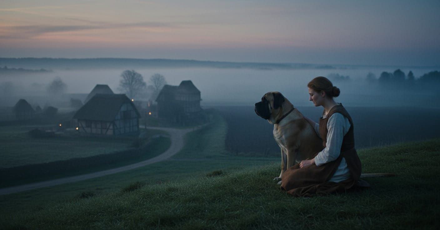 Medieval Peasant Woman and Dog at Dawn