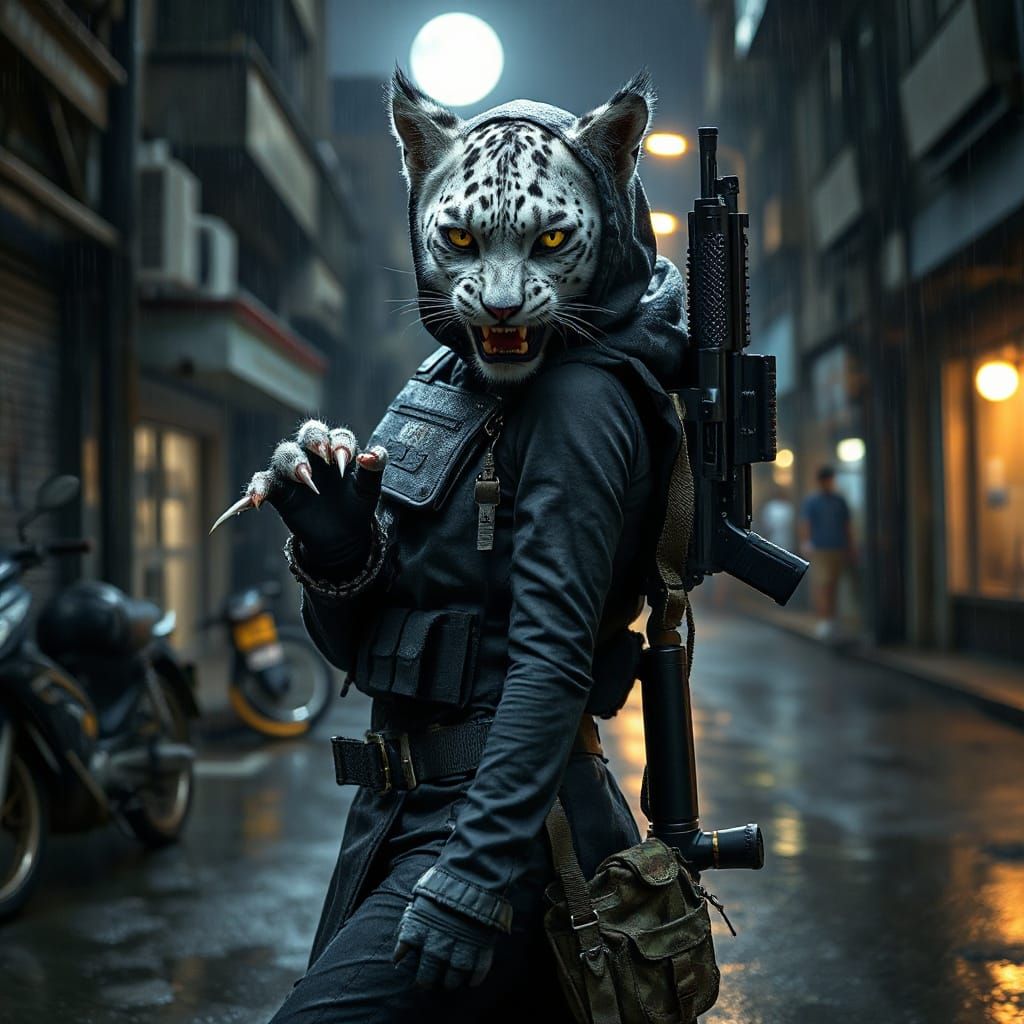 Snow Leopard Vampire Soldier in Rio Favela