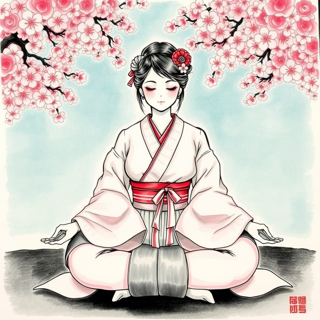Japanese Woman Meditates in Cherry Blossom Grove