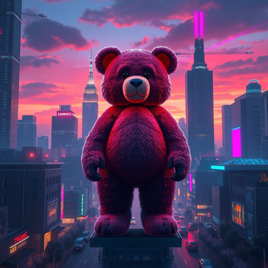Futuristic Teddy Bear in Neon Cityscape
