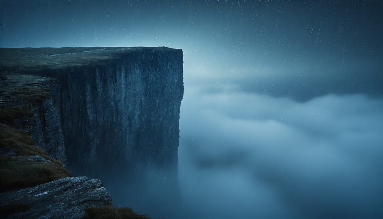Peaceful Night Cliff with Gentle Rain in Moody Lighting