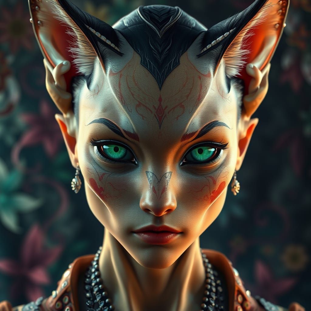Feline Human Hybrid with Emerald Eyes in Fantasy Matte Paint...