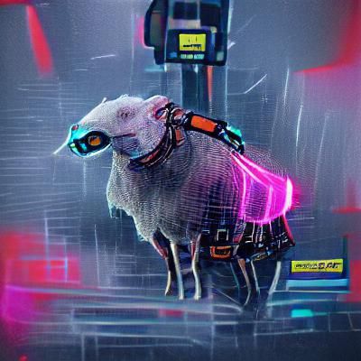 Cyberpunk Sheep Cyborg in Neon Cityscape