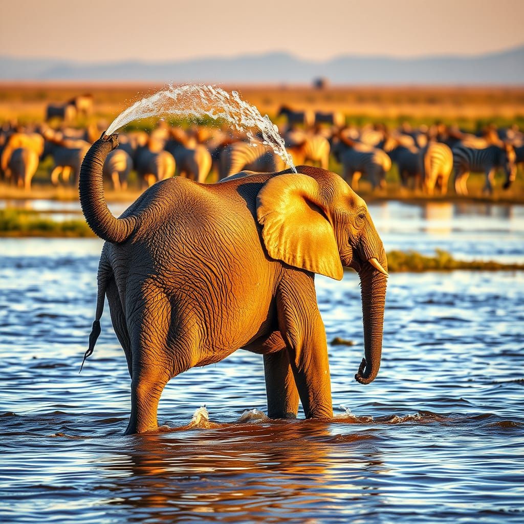8k photo with a lot of complicated and precise details. Baby elephant spraying its back with water from its trunk. It st...