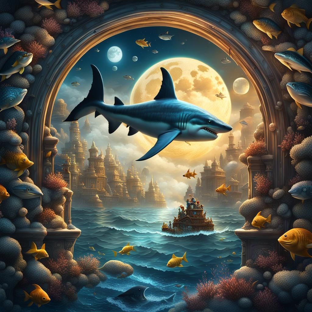 Fish and Hammerhead Shark Swimming in Sky