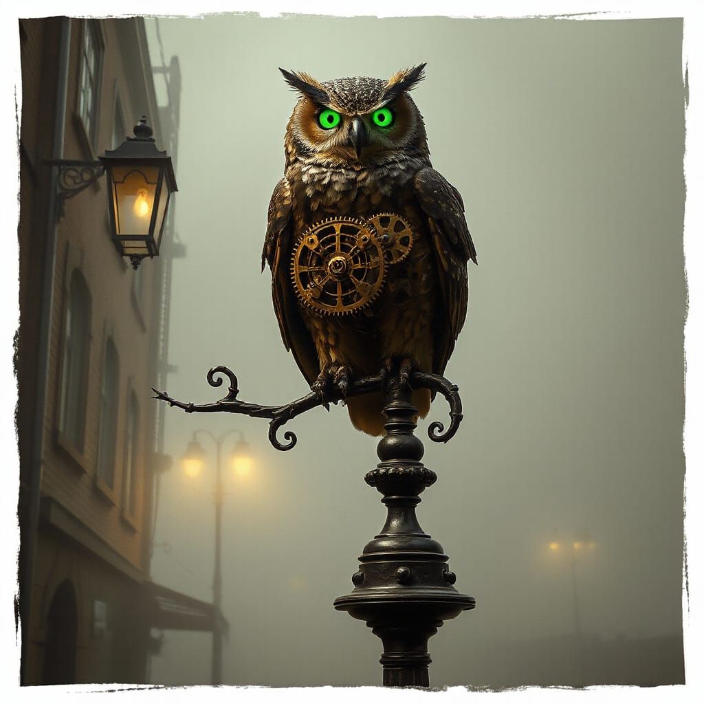 Clockwork Owl on Foggy Victorian Lamppost