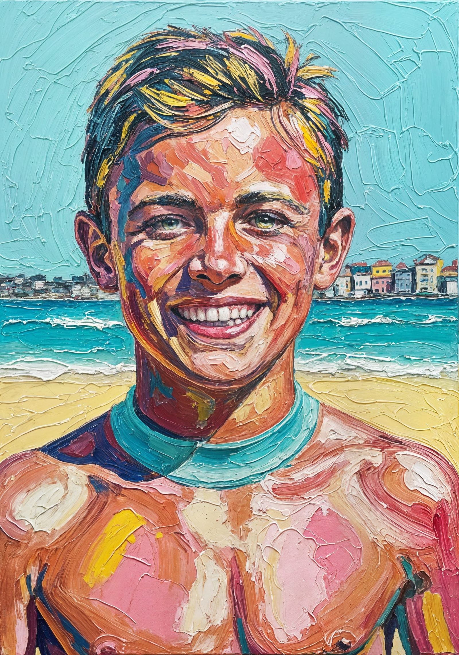 Joyful Surfer Portrait in Impasto Style at Bondi Beach