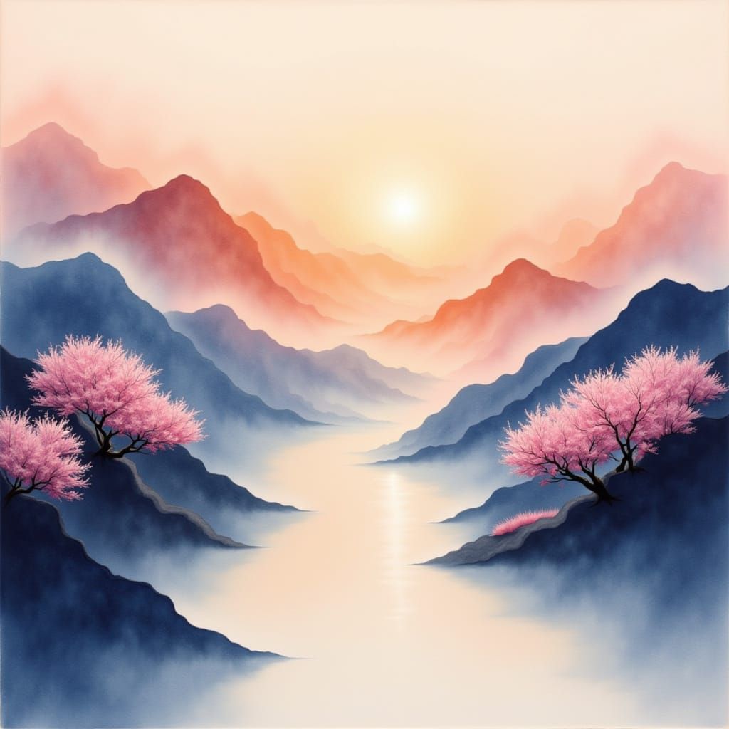 Surreal Watercolor Landscape in Soft Pastel Hues