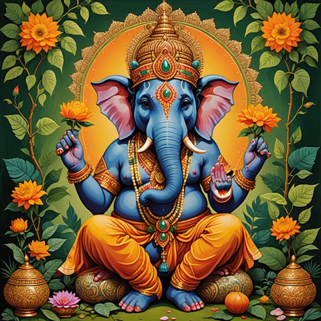 Ganesha in a Serene Indian Setting with Intricate Patterns