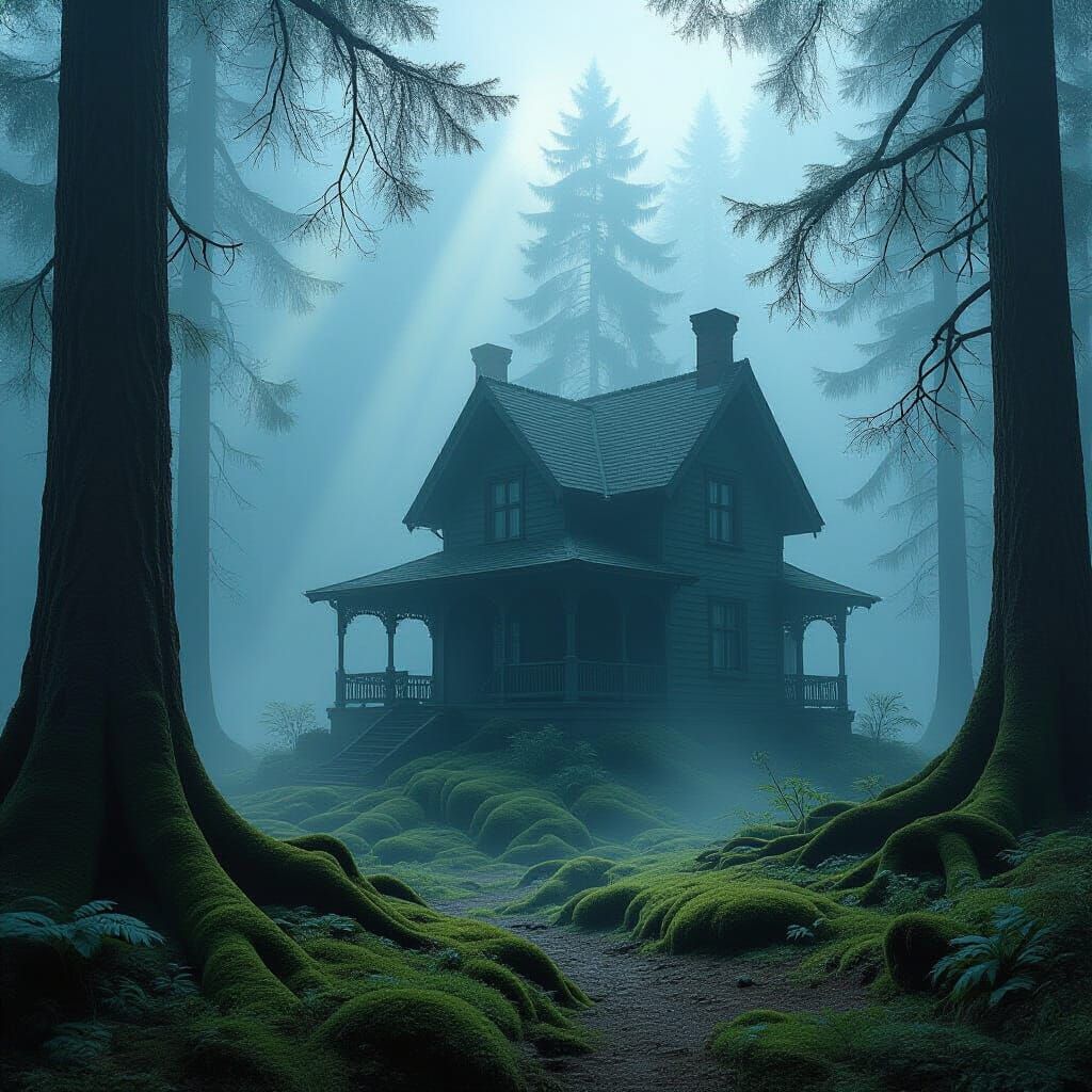 Ancient Bungalow Sentinel in Ethereal Foggy Forest