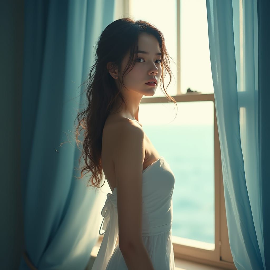 Elegant Woman in Contemplation, Soft Blue Curtains