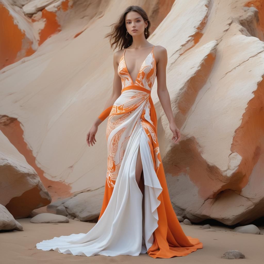 Woman in Orange Gown at Sunset, Impasto Painting