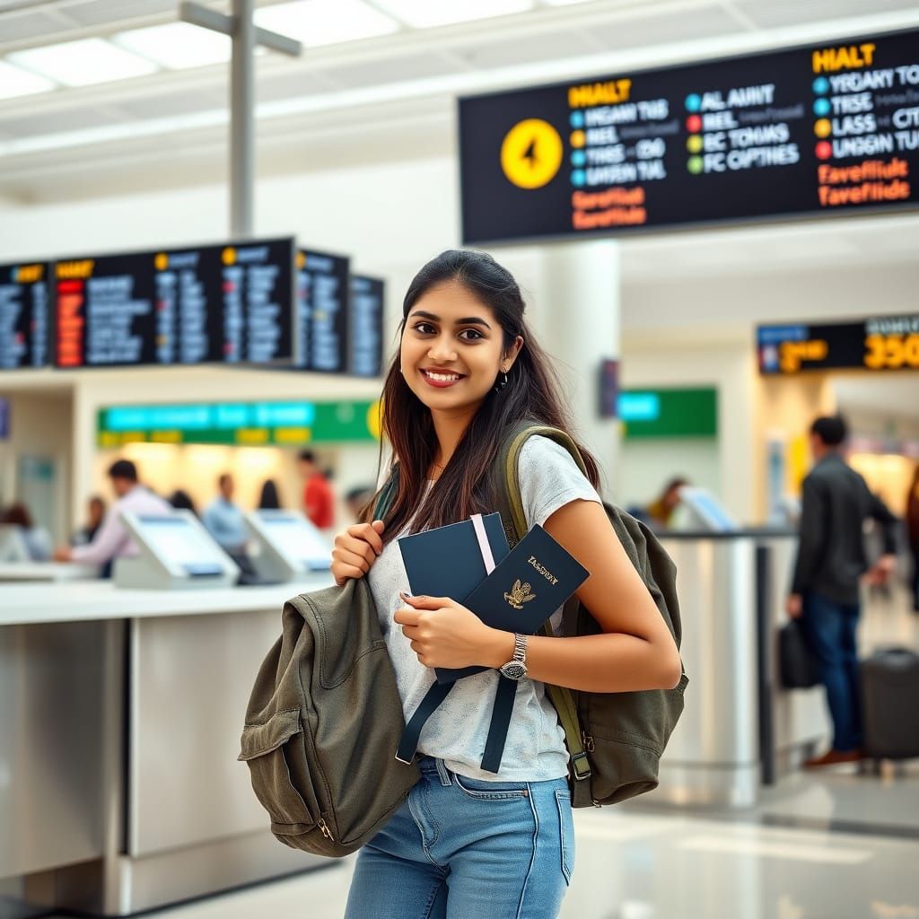 Indian Young Traveler at International Airport Ticket Counte...