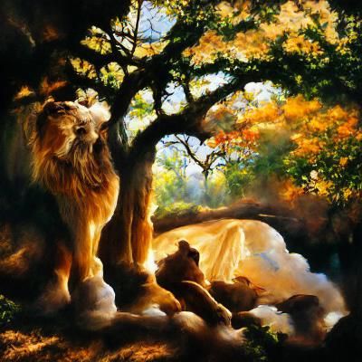 Lion King in African Forest, Oil Painting