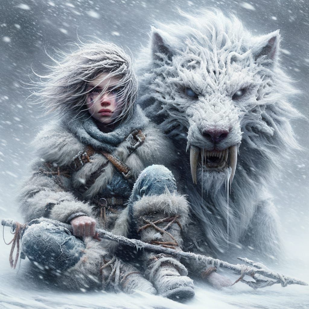 Shaman Girl in Snowy Wilderness with White Beast