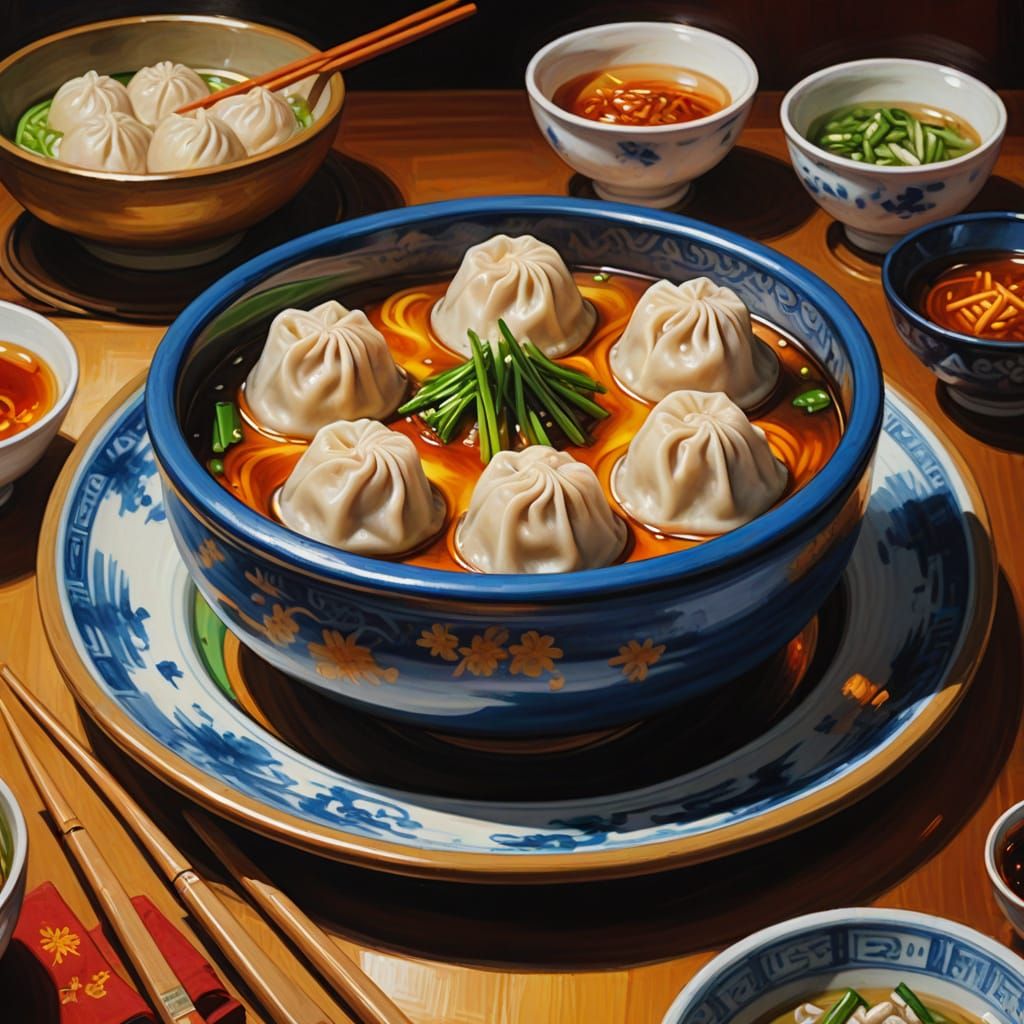 Vibrant Chinese Soup Dumplings in Golden Light