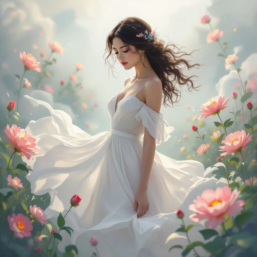 Ethereal Lady in Dreamscape with Glowing Flowers