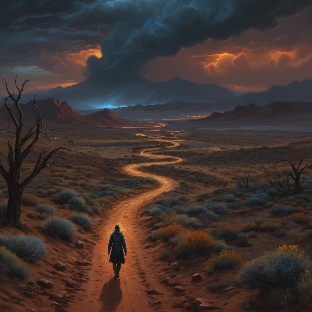 Epic Desert Landscape with Figure, Cinematic Painting