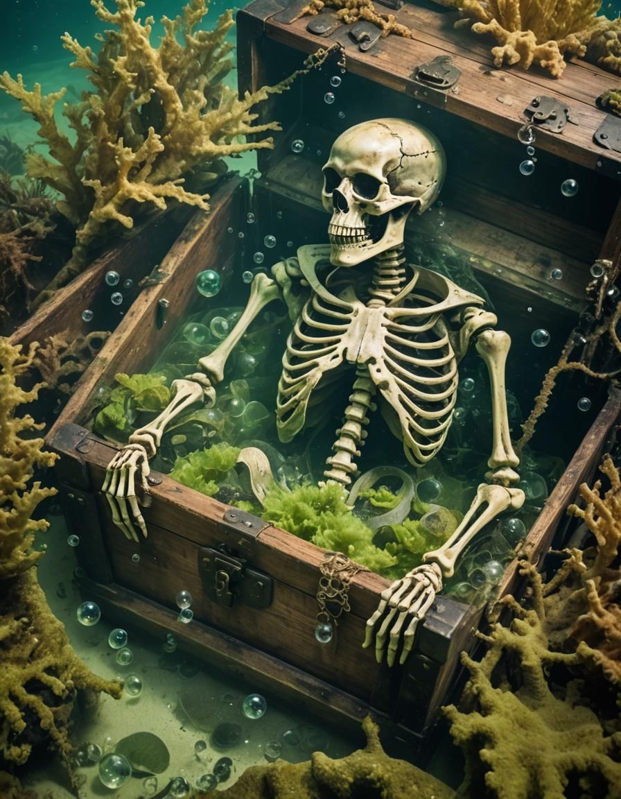 Pirate Skeleton Hugging Treasure Chest Undersea