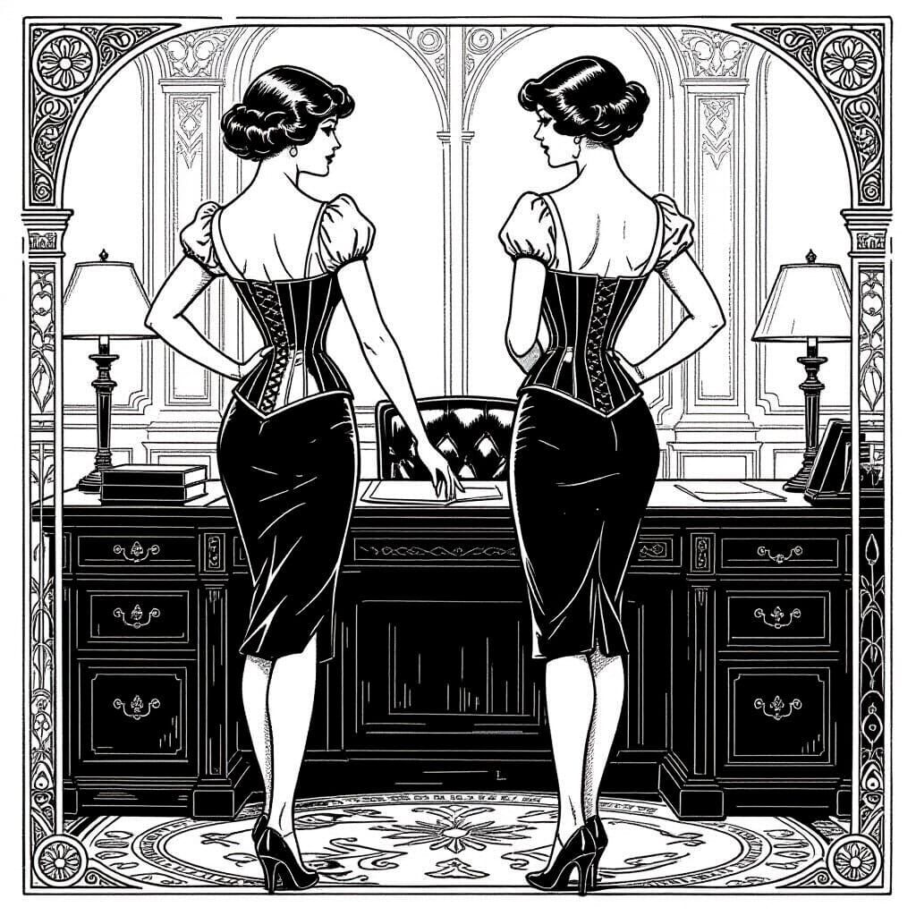 Art Nouveau Office Scene in Pen and Ink Style