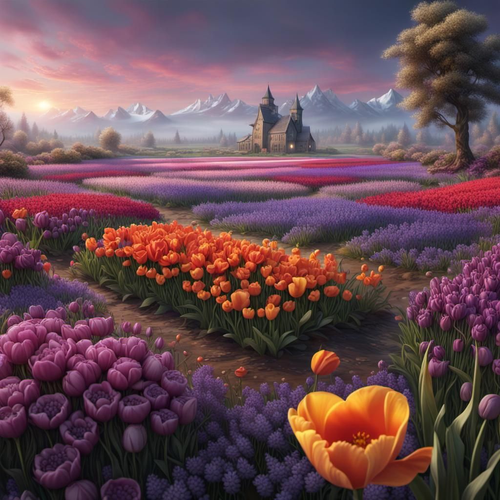 a flower field with tulip lavendel poppy "rose" violet daffodil ochid