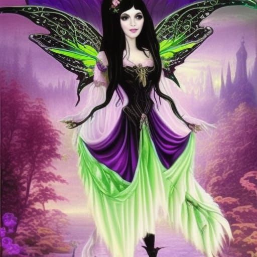 Beautiful Gothic fairy with long flowing black hair& vibrant green eyes& wearing Beautiful purple Gothic dress& vibrant ...