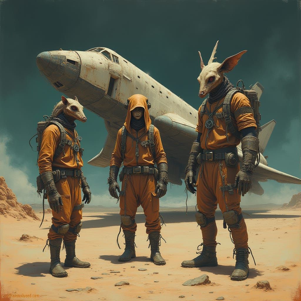 Hybrid Creatures and Distressed Shuttle in Cyberpunk Desert