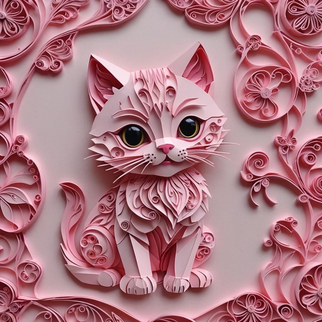Pink Kitten in Kirigami and Origami Style