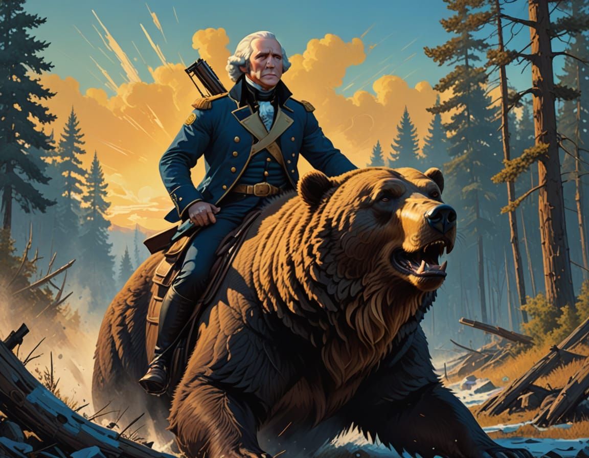 George Washington riding a grizzly bear