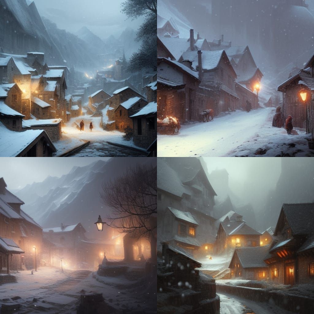 Snowy Mountain Village in Dark Fantasy Style