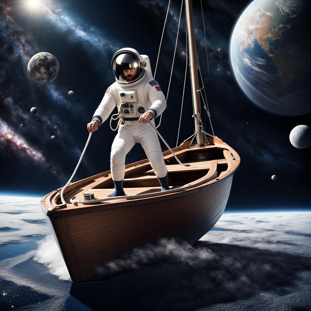 Man Sailing a Boat in Space