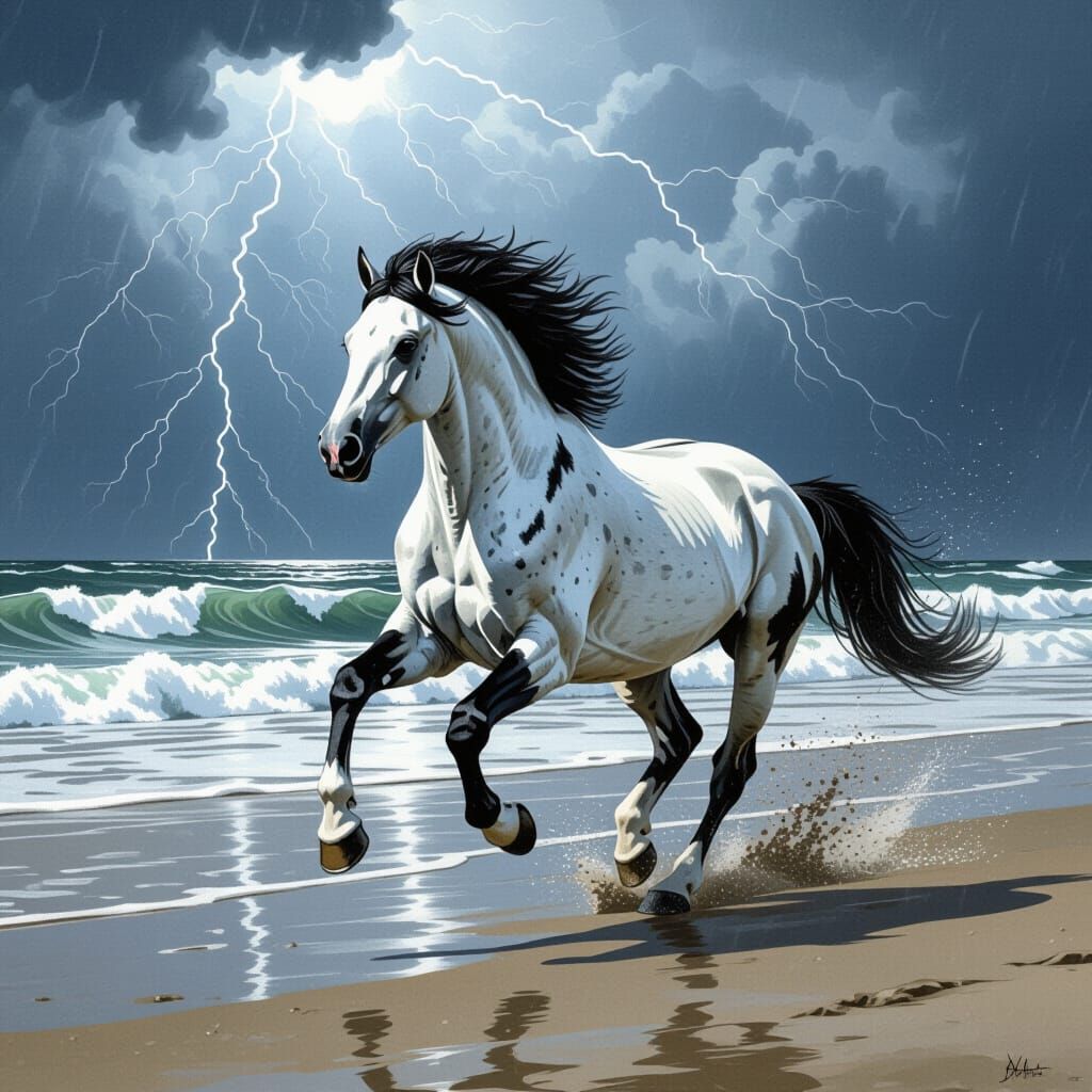 Stallion Galloping on Stormy Beach in Charcoal Style