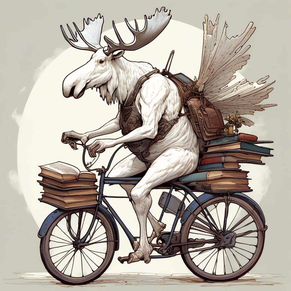 Majestic White Moose Reads on a Bike