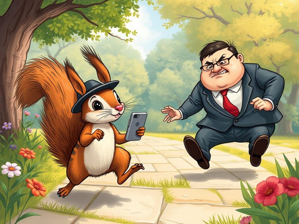 Mischievous Squirrel Steals Phone in Whimsical Park