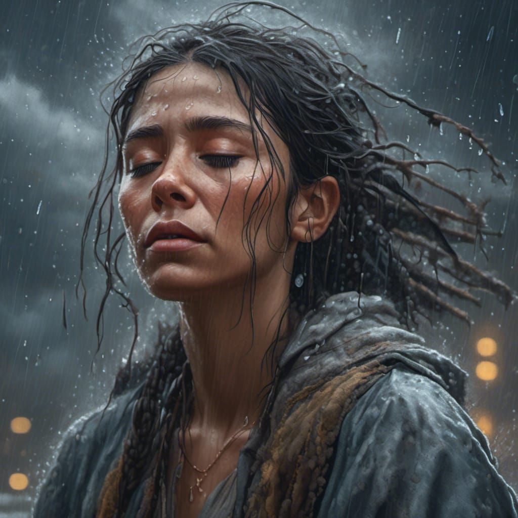Sorrowful Woman in Rain: Hyperrealistic Digital Art