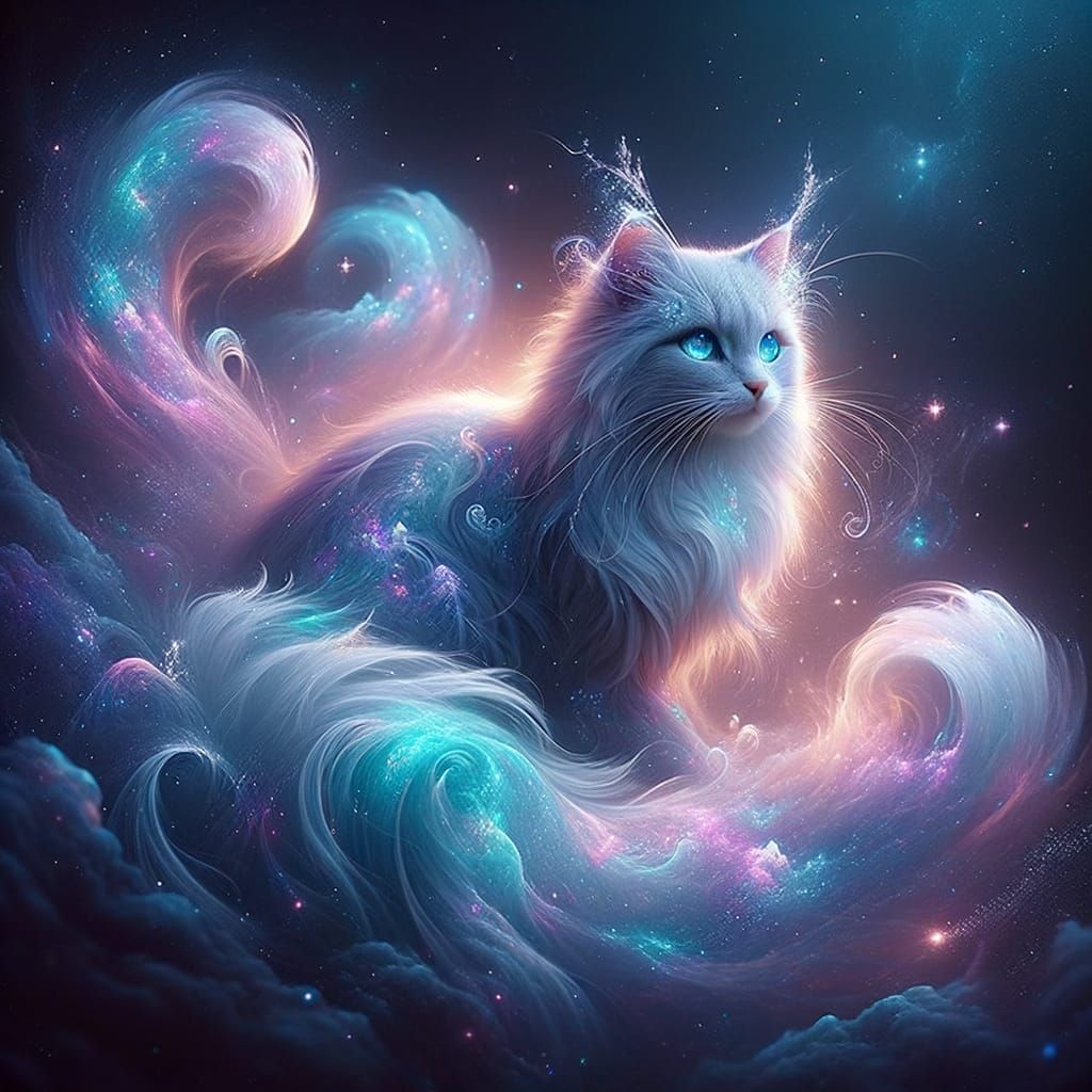 Cosmic Fantasy Norwegian Forest Cat in Ethereal Glow