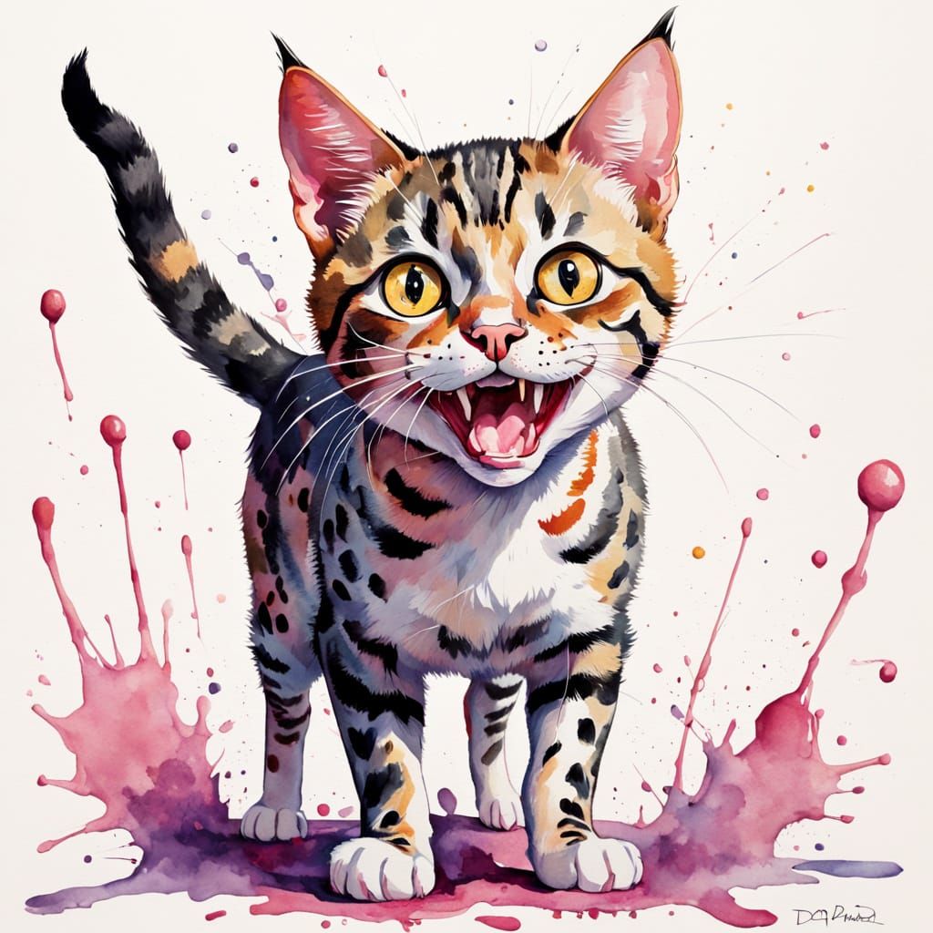 Grinning Spotted Cat in Watercolor Oil Painting