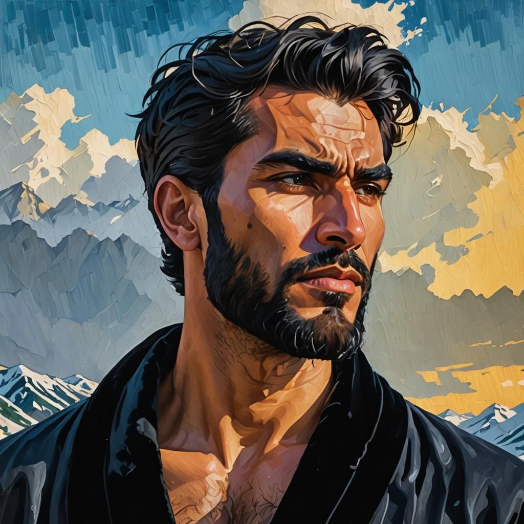 Stern Man in Velvet Bathrobe, Neo-Impressionist Gouache