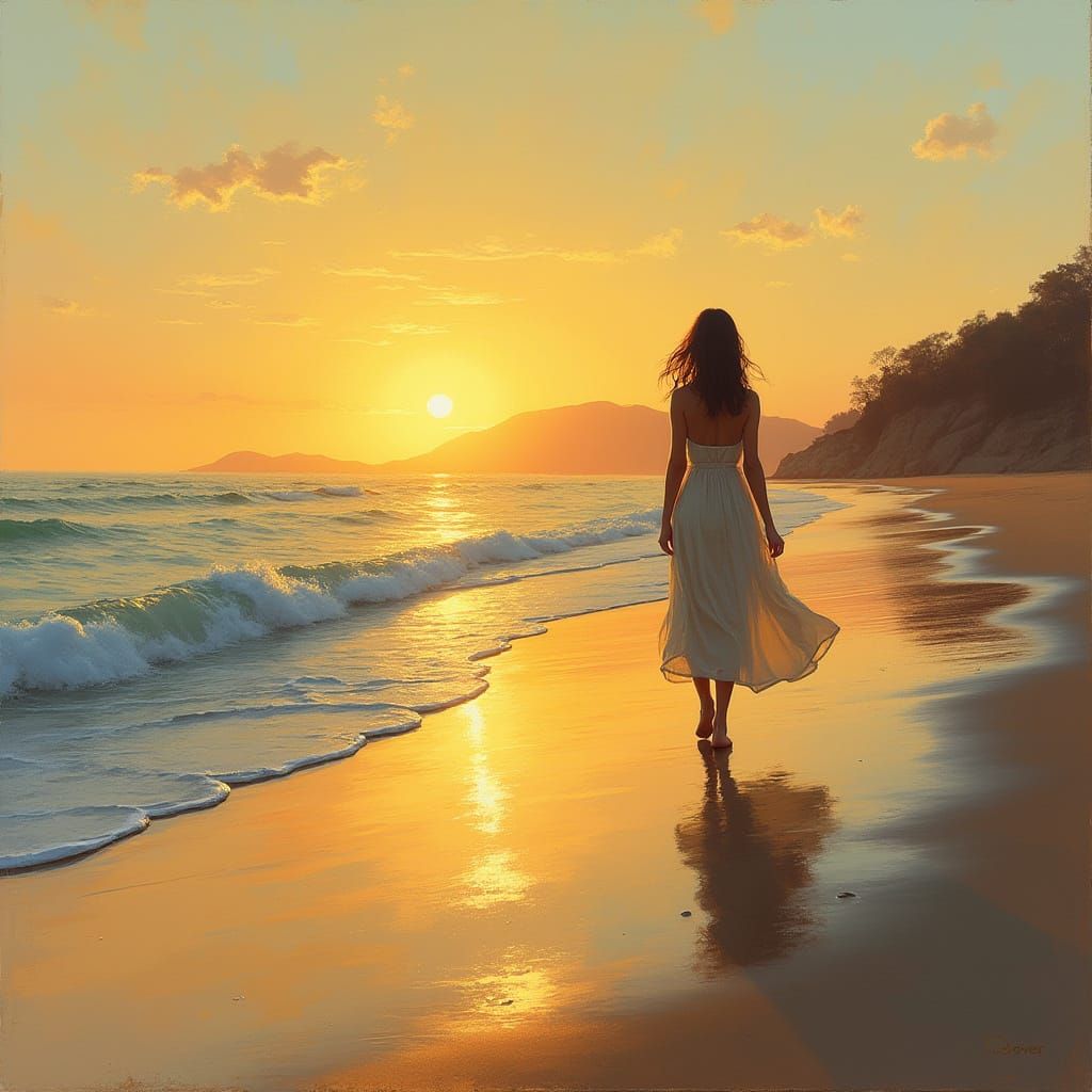 Tranquil Beach Sunset in Impressionist Style