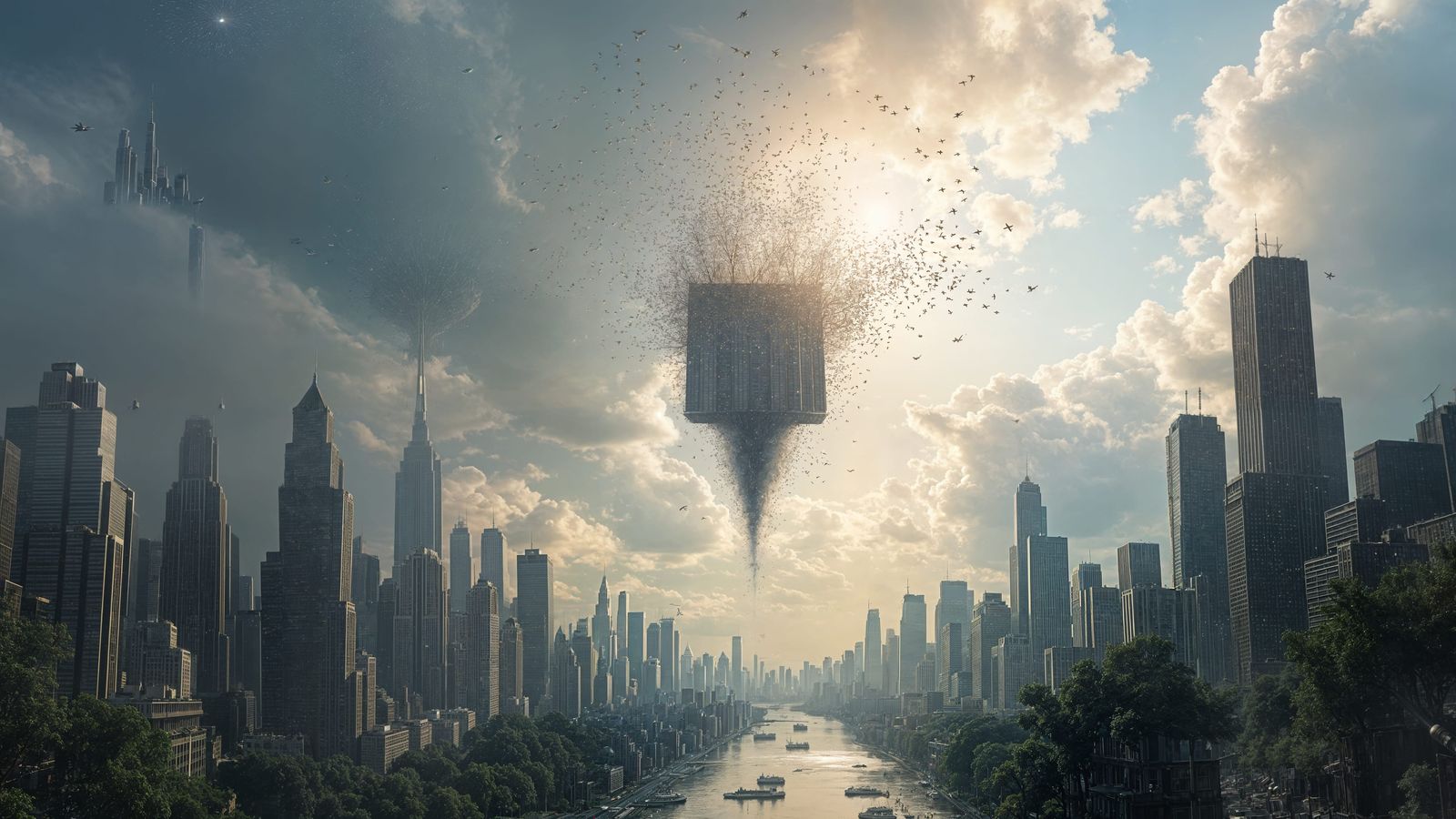 City Falling From Sky With Ascending Souls