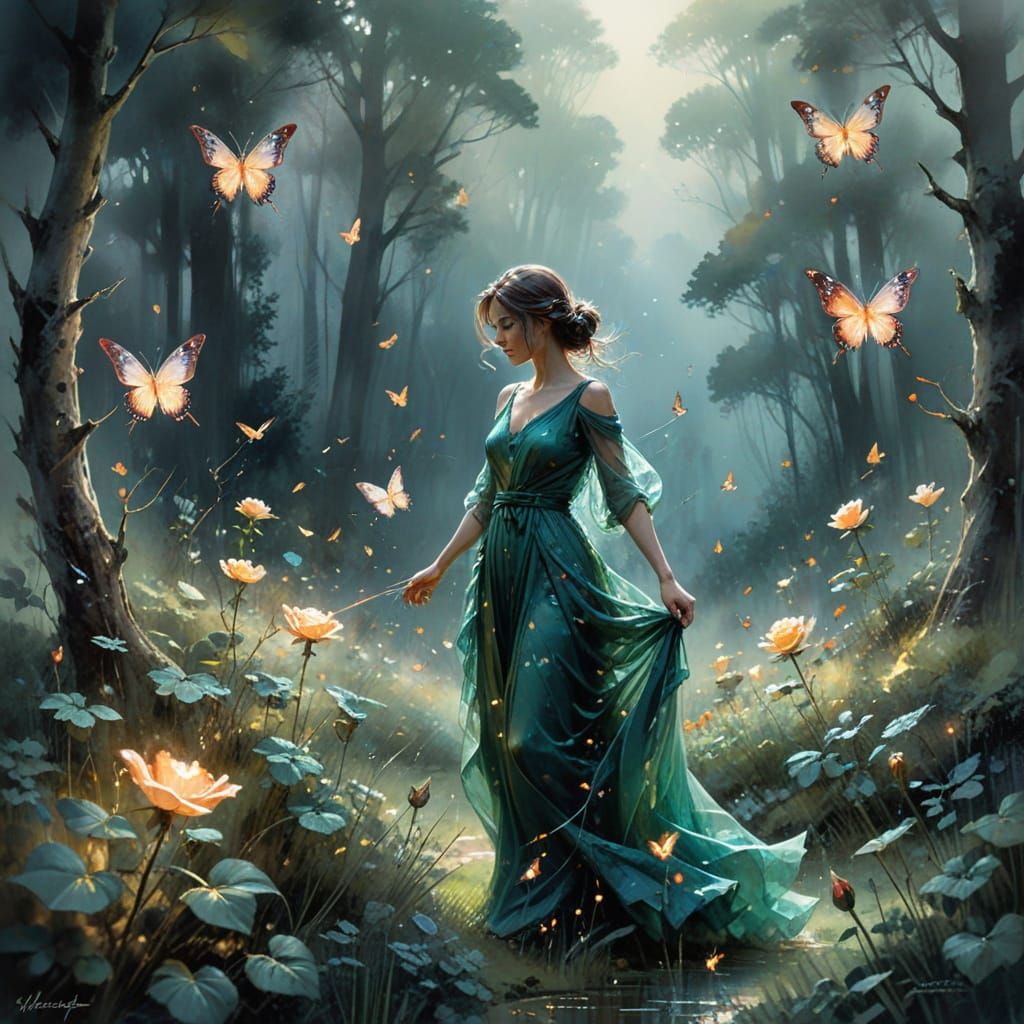 Enchanted Forest Scene with Woman and Child