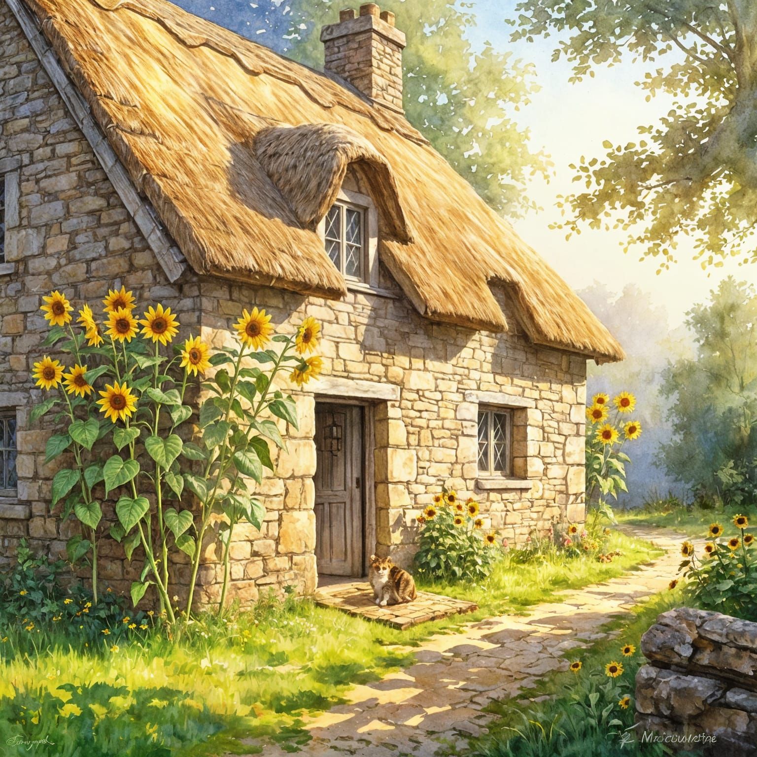 Charming Stone Cottage with Sunflowers in Morning Sun