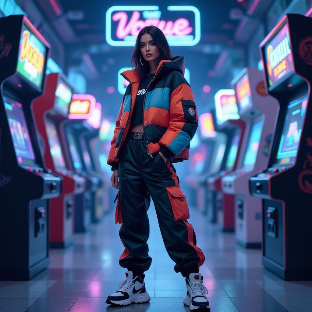 Stylish Woman in Neon Arcade, Vogue Fashion Style