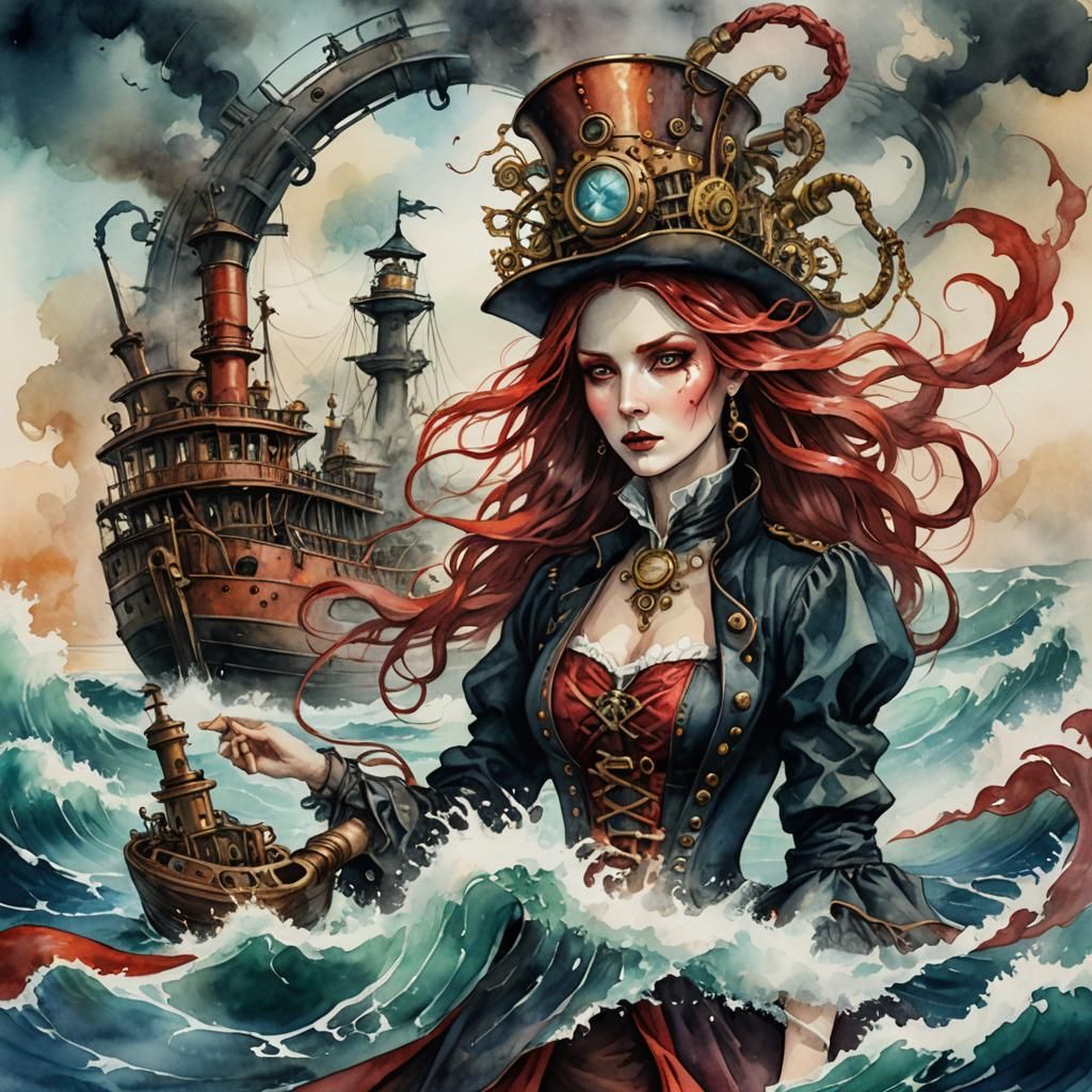 Red Witch Summons Magic with Steampunk Engine
