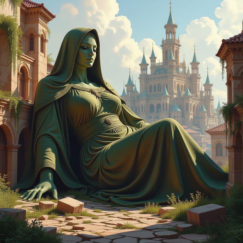 Giant Statue and Flourishing City, Oil Painting