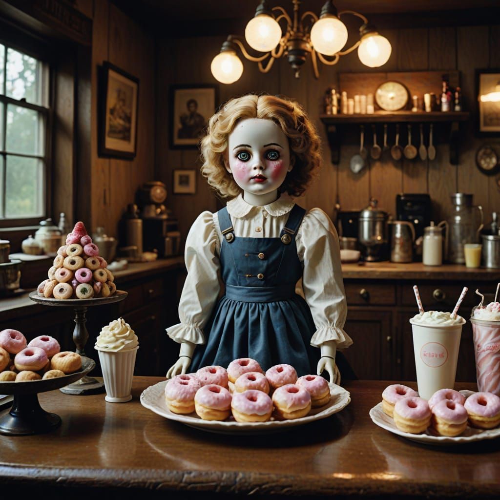 Antique Doll Surrounded by Sweet Treats in a Warm, Filmic At...