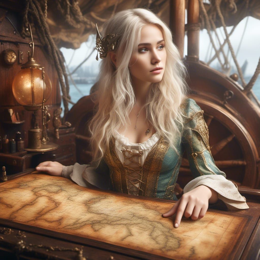 Blond Elf Cartographer Studies Fantasy Map On Ship